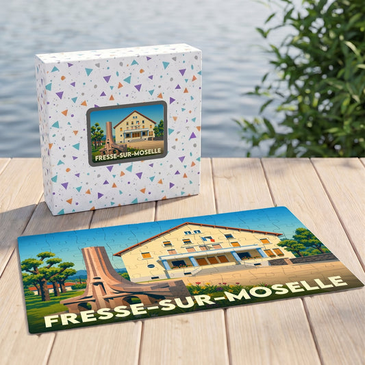 Puzzle souvenir de la ville de Fresse-sur-Moselle avec une illustration colorée et son coffret assorti.
