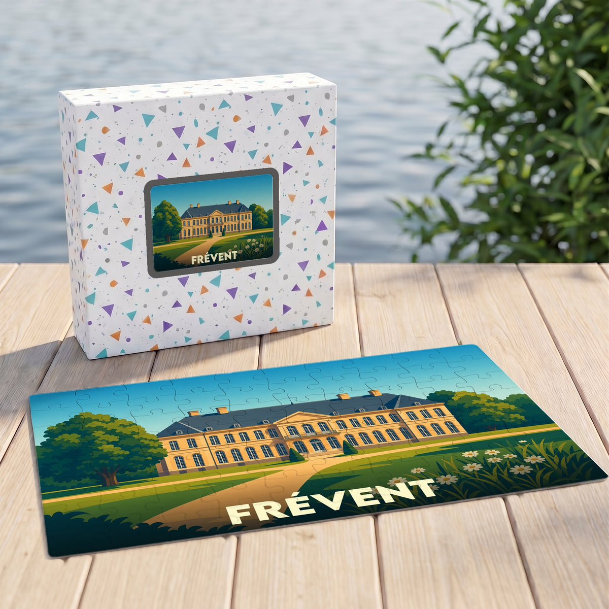 Puzzle souvenir de la ville de Frévent représentant son château dans un style illustré.