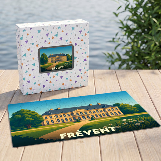 Puzzle souvenir de la ville de Frévent représentant son château dans un style illustré.