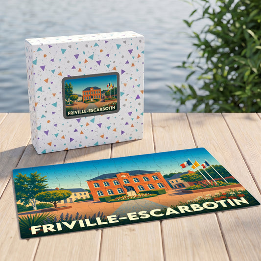 Puzzle souvenir de la ville de Friville-Escarbotin avec une illustration stylisée de son hôtel de ville.