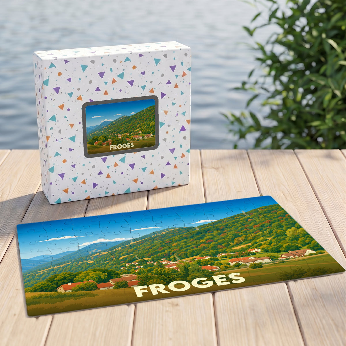Puzzle souvenir de la ville de Froges avec une illustration paysagère stylisée.