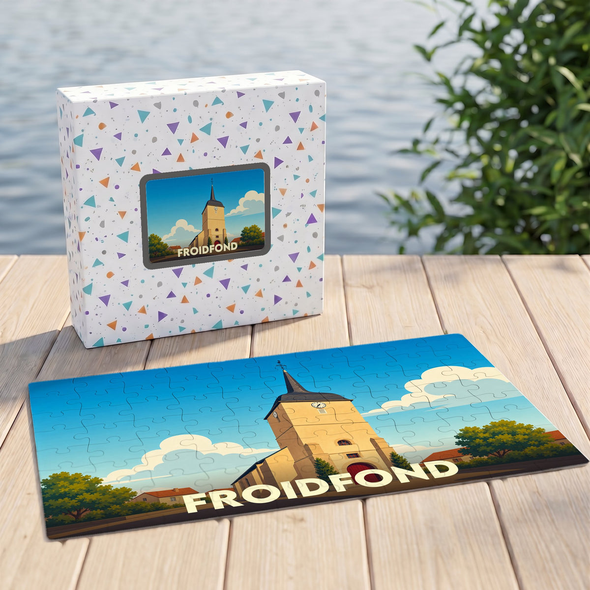 Puzzle souvenir de la ville de Froidfond avec une illustration stylisée de son église.