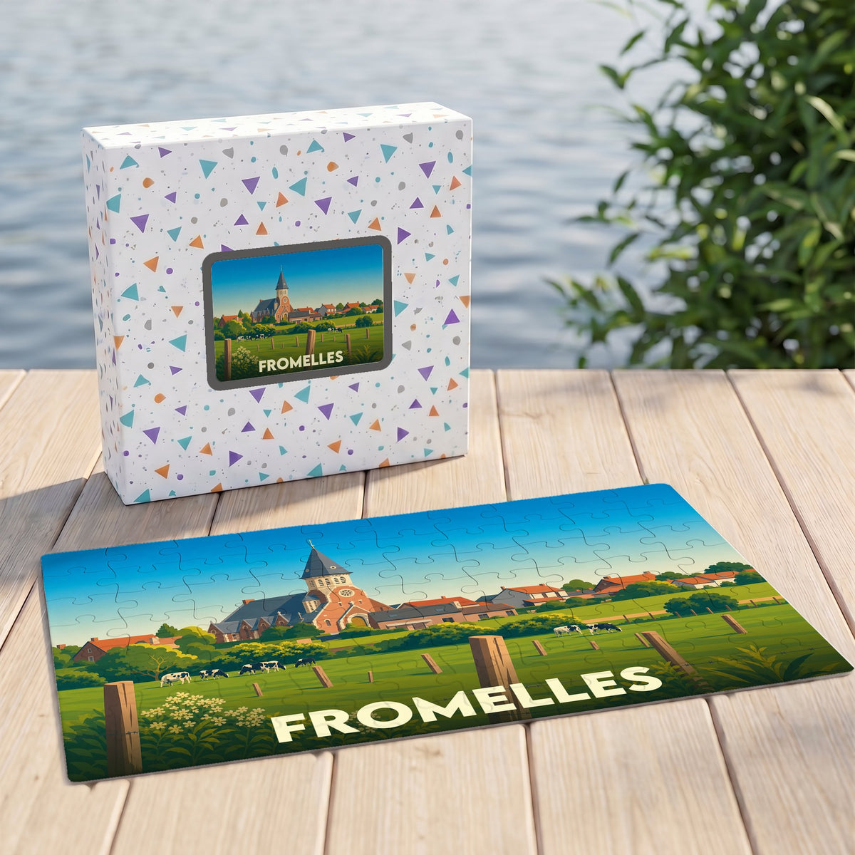 Puzzle souvenir de la ville de Fromelles illustrant un paysage champêtre avec son église.