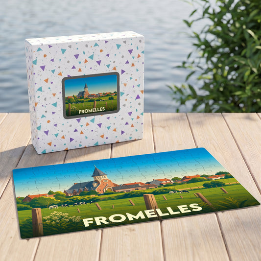 Puzzle souvenir de la ville de Fromelles illustrant un paysage champêtre avec son église.