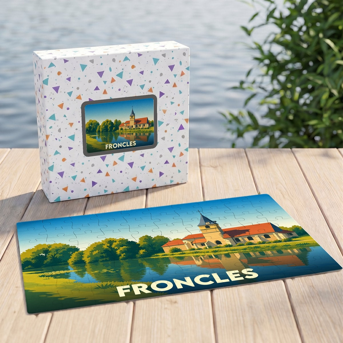 Puzzle souvenir de la ville de Froncles avec une illustration stylisée d'un bâtiment au bord de l'eau.