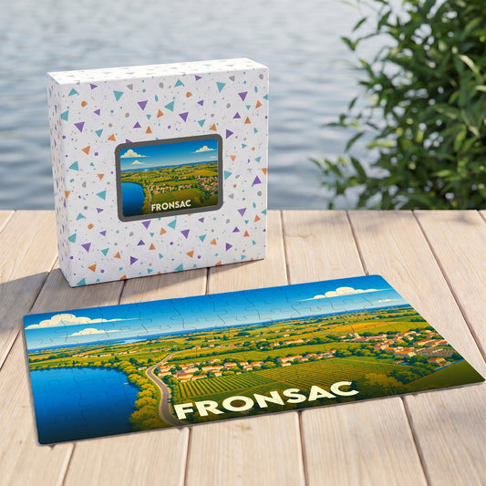Puzzle souvenir de la ville de Fronsac avec une illustration paysagère stylisée.