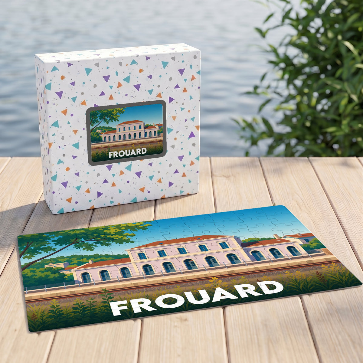 Puzzle souvenir de la ville de Frouard avec une illustration stylisée d'un bâtiment historique.