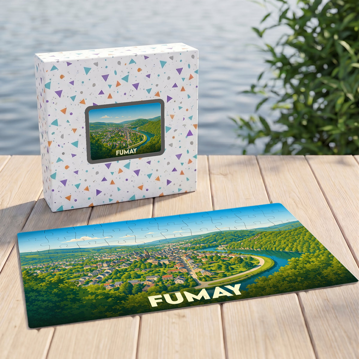Puzzle souvenir de la ville de Fumay avec une illustration stylisée des bords de Meuse.