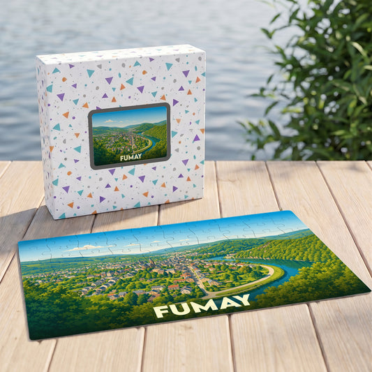 Puzzle souvenir de la ville de Fumay avec une illustration stylisée des bords de Meuse.