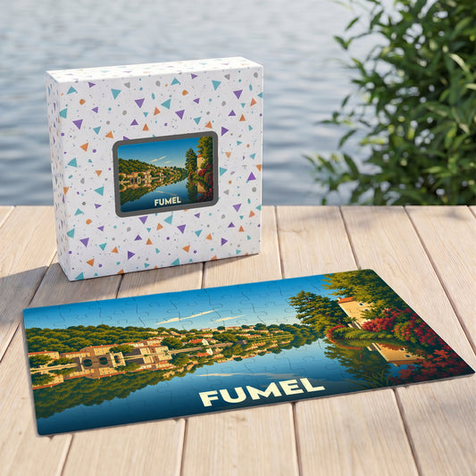 Puzzle souvenir de la ville de Fumel présentant une illustration colorée et stylisée de ses bords de rivière.