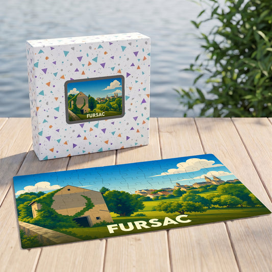 Puzzle souvenir de la ville de Fursac avec une illustration stylisée d'un paysage champêtre.