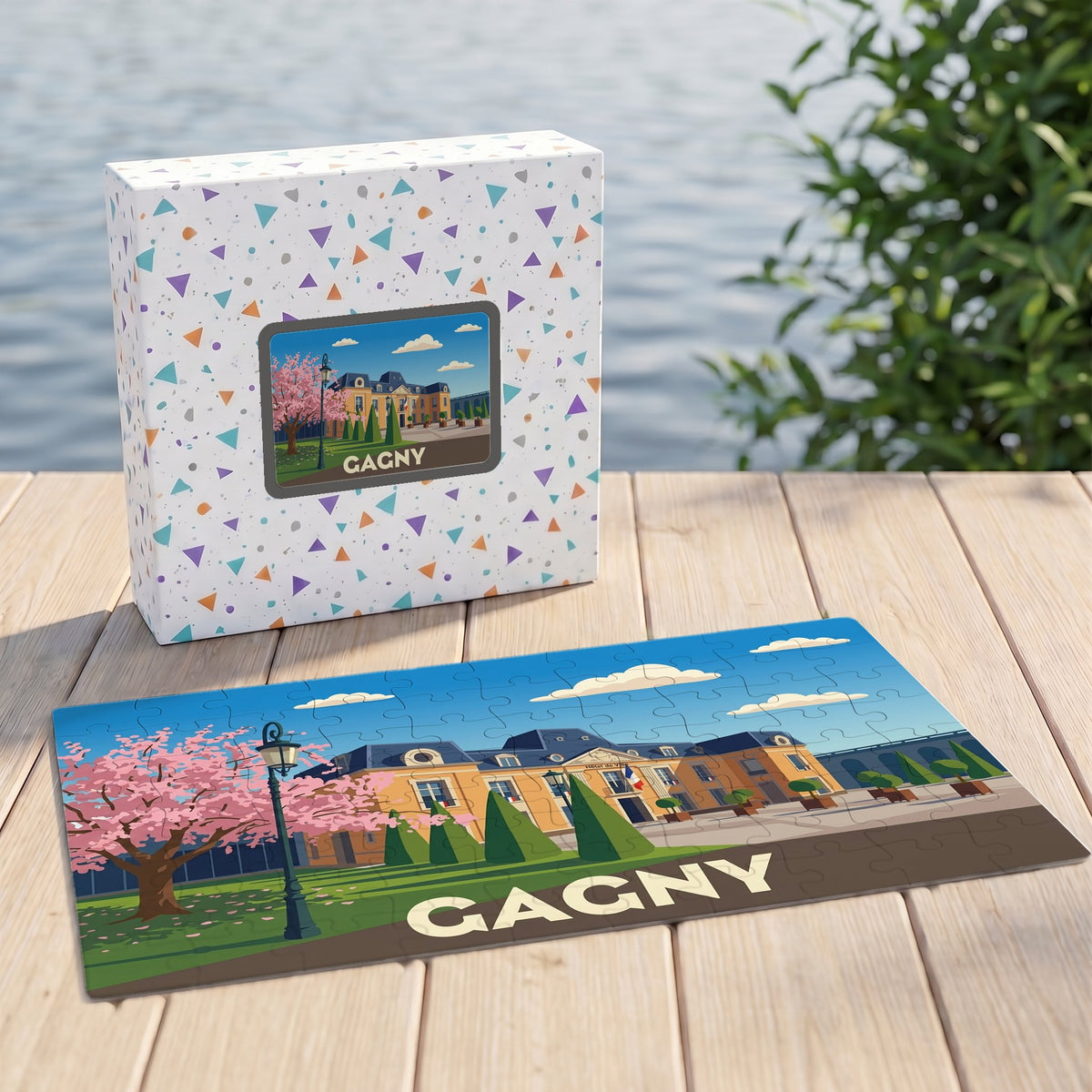Puzzle souvenir de la ville de Gagny avec une illustration stylisée de son hôtel de ville.