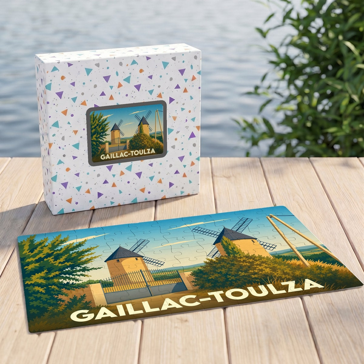 Puzzle souvenir de la ville de Gaillac-Toulza illustré par deux moulins à vent stylisés.