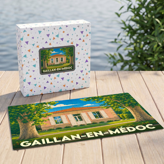 Puzzle souvenir de Gaillan-en-Médoc avec une illustration colorée d'une maison girondine sous des arbres.