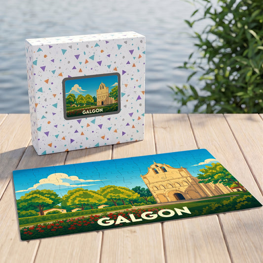 Puzzle souvenir de la ville de Galgon avec une illustration stylisée de son église.