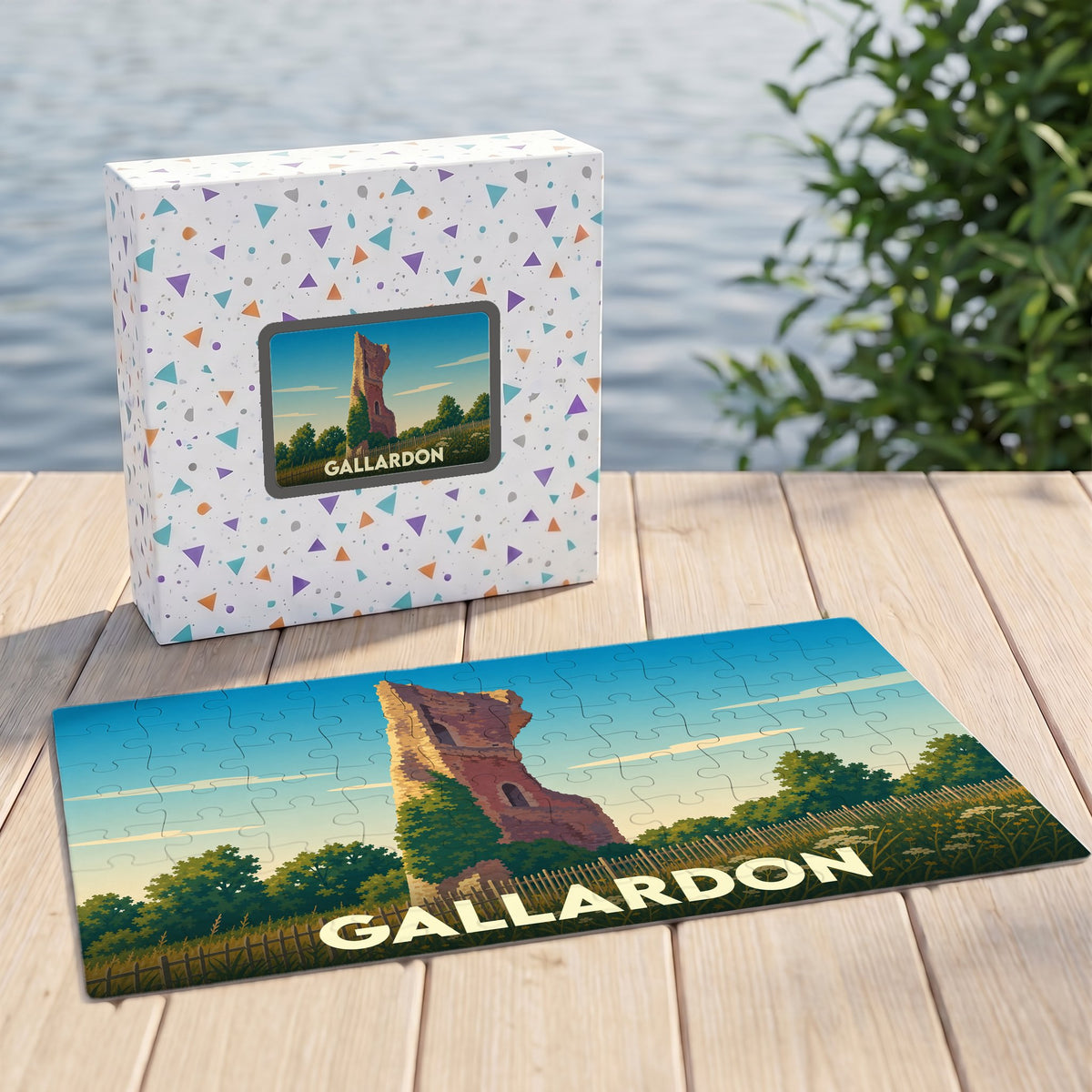 Puzzle souvenir de la ville de Gallardon avec une illustration stylisée de sa tour médiévale.