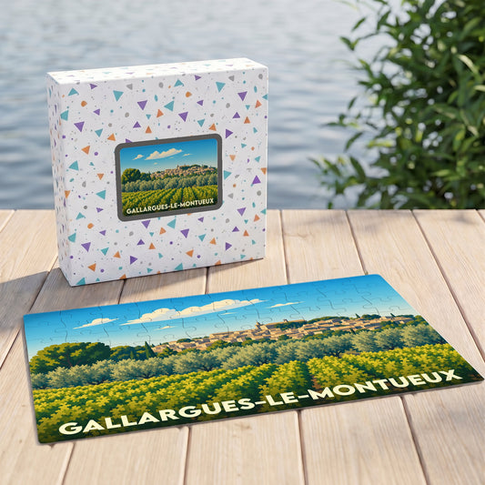 Puzzle souvenir de la ville de Gallargues-le-Montueux avec une illustration stylisée de son paysage provençal.