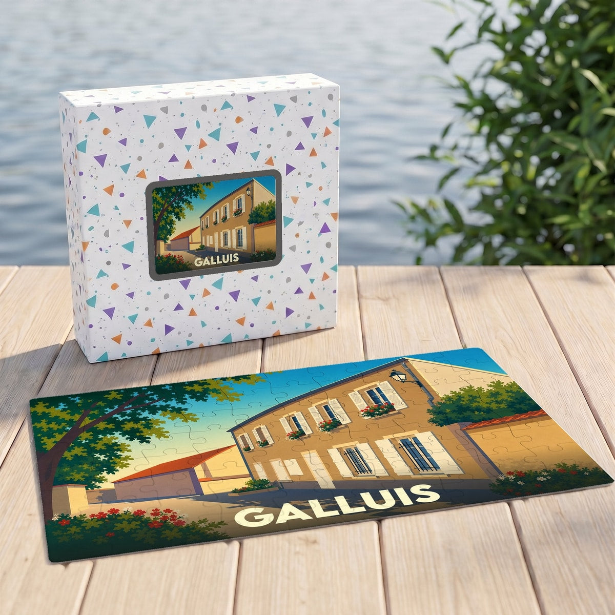 Puzzle souvenir de la ville de Galluis avec une illustration stylisée et sa boîte assortie.