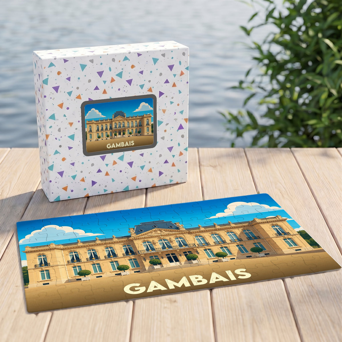 Puzzle souvenir de la ville de Gambais présentant une illustration stylisée de son château.