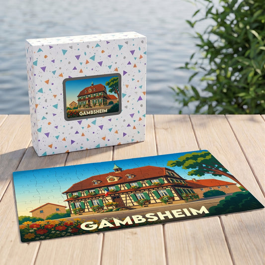 Puzzle souvenir de la ville de Gambsheim avec une illustration stylisée d'une maison à colombages.