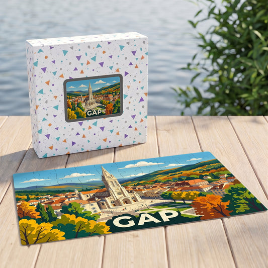 Puzzle souvenir de la ville de Gap avec une illustration stylisée et colorée.