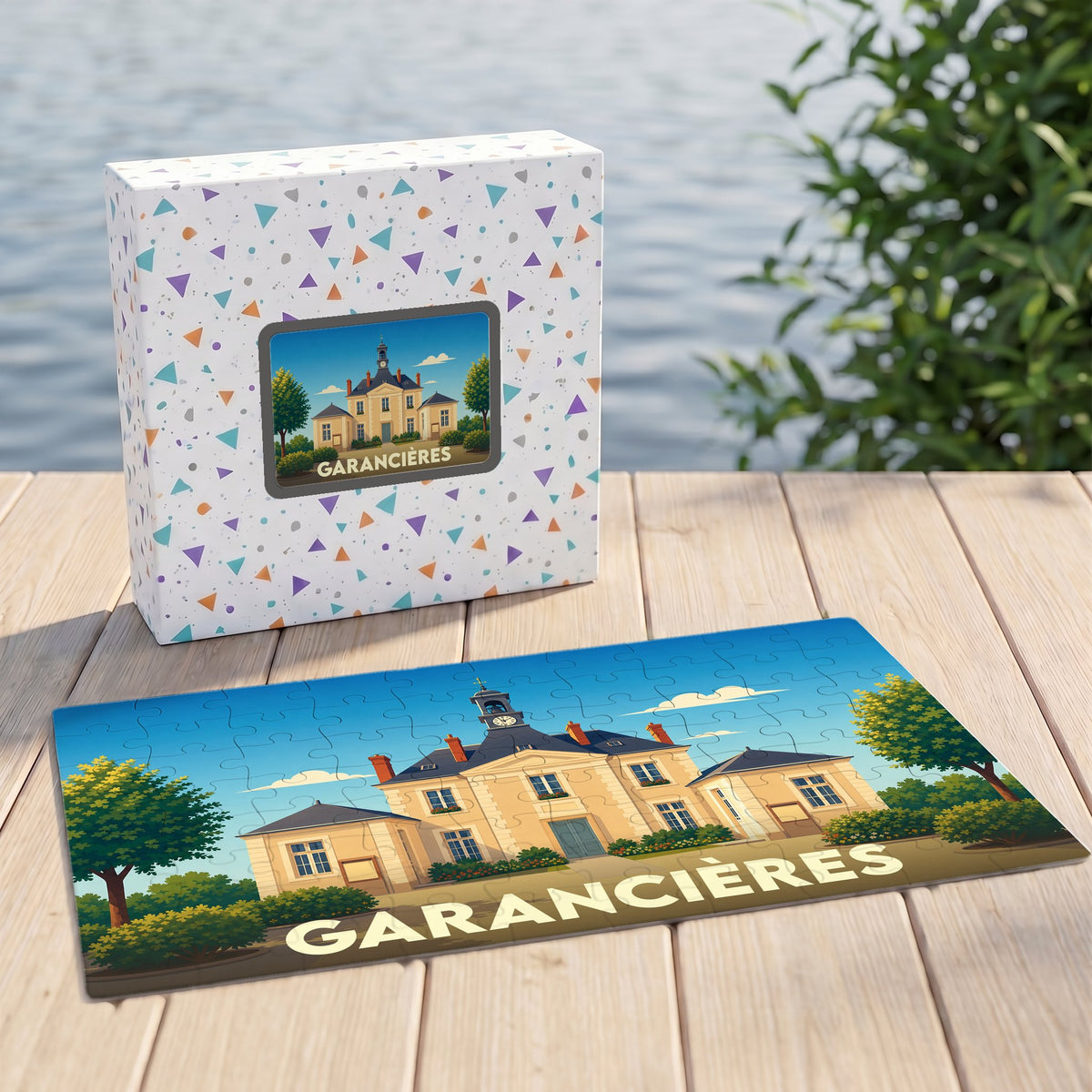 Puzzle souvenir de la ville de Garancières avec une illustration stylisée d'un bâtiment historique.