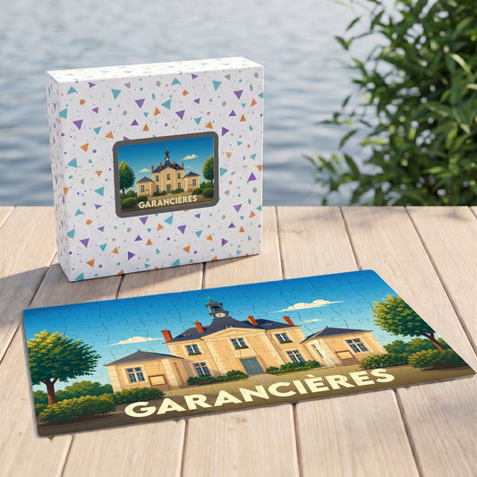 Puzzle souvenir de la ville de Garancières avec une illustration stylisée d'un bâtiment historique.