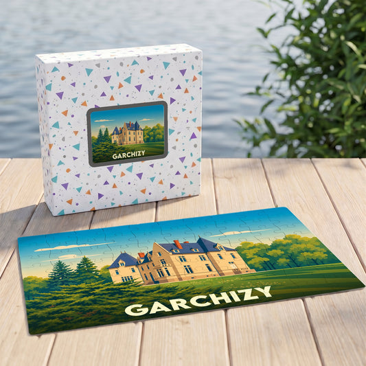 Puzzle souvenir de la ville de Garchizy avec une illustration stylisée d'un château.