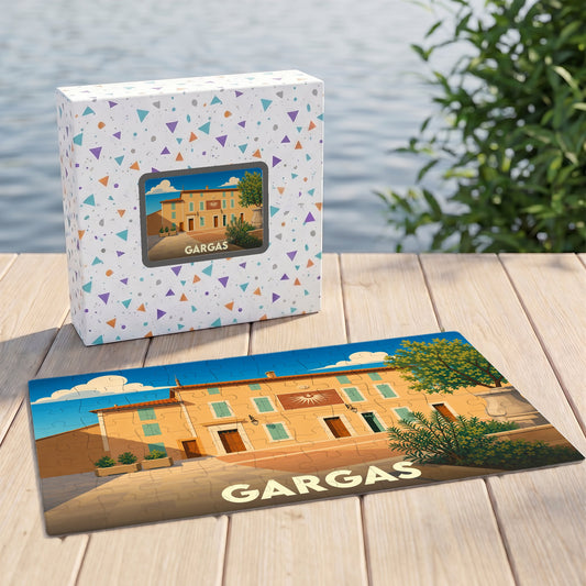 Puzzle souvenir de la ville de Gargas avec une illustration stylisée.