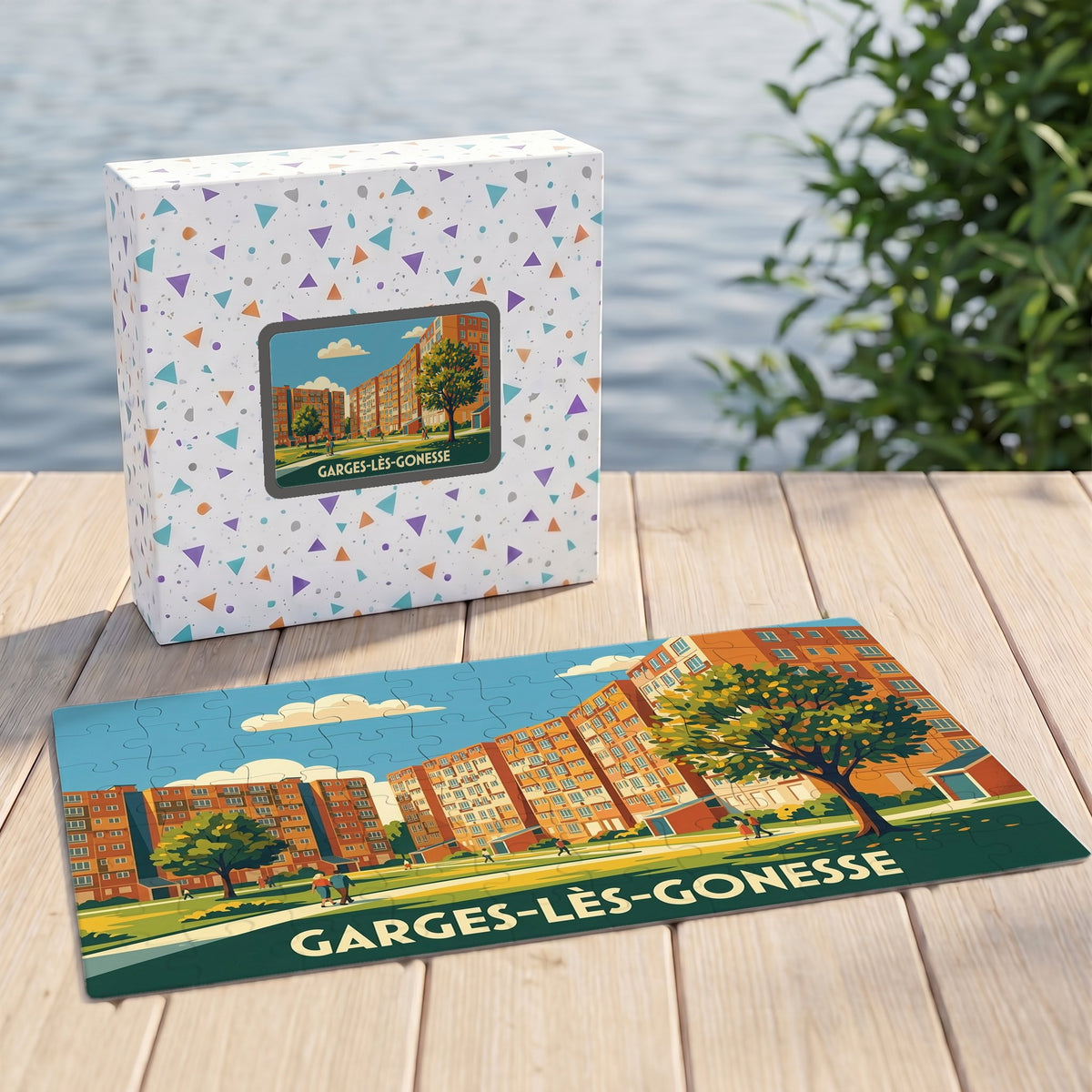 Puzzle souvenir de la ville de Garges-lès-Gonesse avec une illustration stylisée de ses immeubles emblématiques.