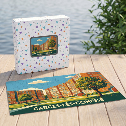 Puzzle souvenir de la ville de Garges-lès-Gonesse avec une illustration stylisée de ses immeubles emblématiques.