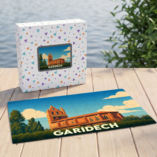 Puzzle souvenir de la ville de Garidech avec une illustration stylisée de son église.