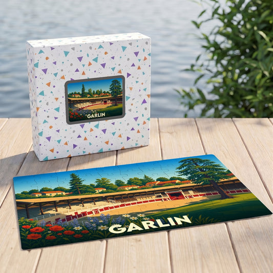 Puzzle souvenir de la ville de Garlin avec une illustration stylisée de ses arènes.