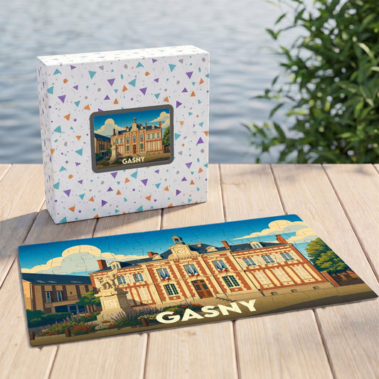 Puzzle souvenir de la ville de Gasny avec une illustration stylisée de son hôtel de ville.