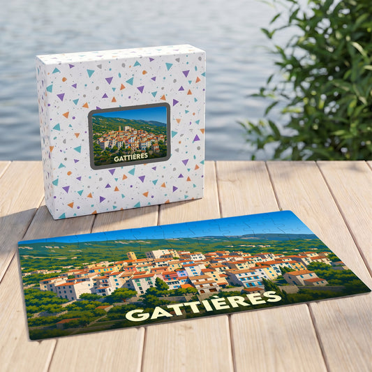 Puzzle souvenir de la ville de Gattières avec une illustration colorée de ses maisons provençales.