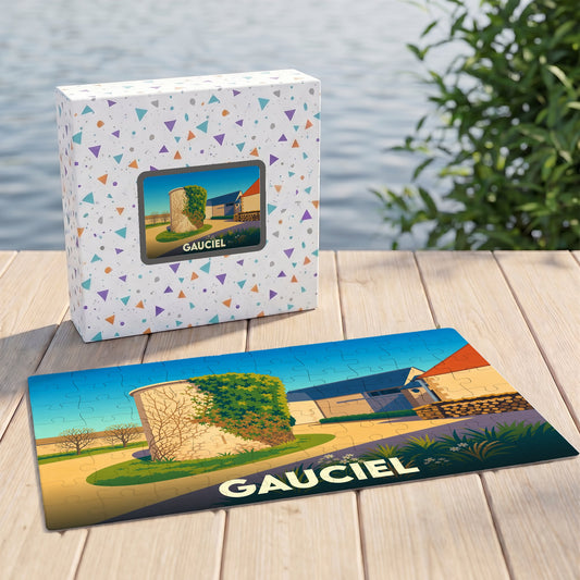 Puzzle souvenir de la ville de Gauciel avec une illustration stylisée et colorée.
