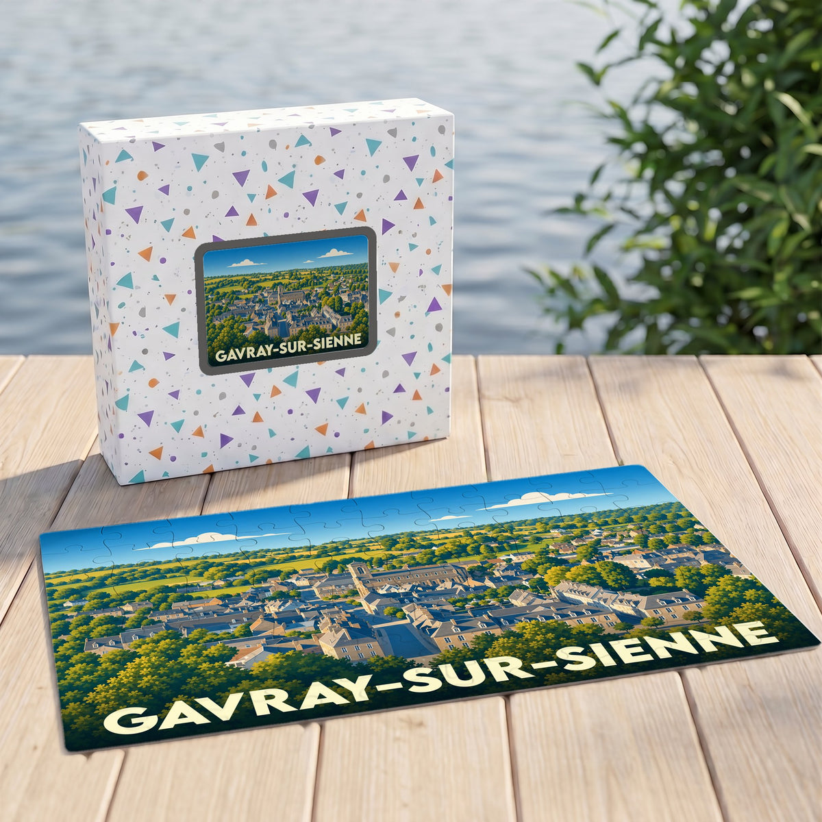 Puzzle souvenir de la ville de Gavray-sur-Sienne avec une illustration panoramique stylisée.