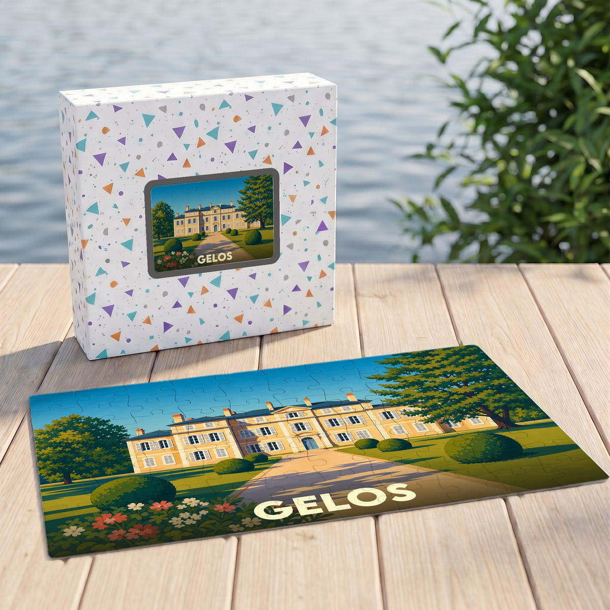 Puzzle souvenir de la ville de Gelos avec une illustration stylisée d'un château.