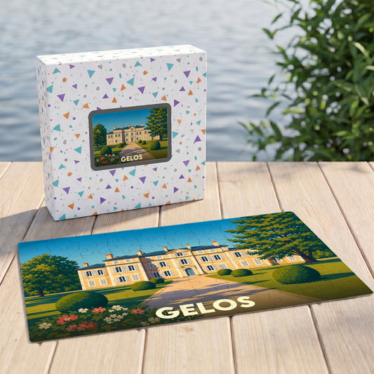 Puzzle souvenir de la ville de Gelos avec une illustration stylisée d'un château.