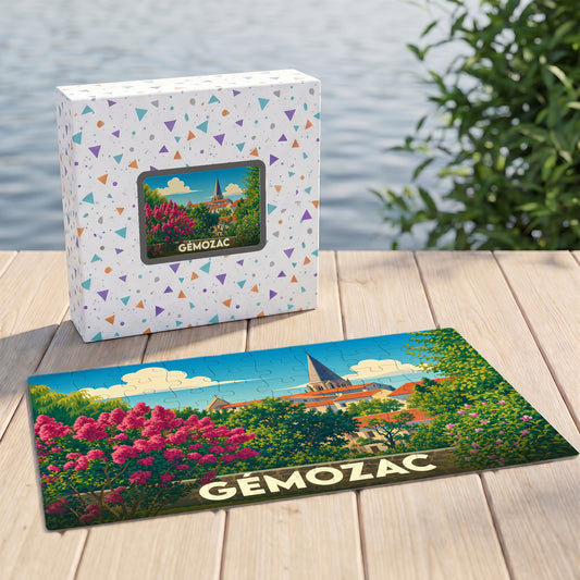 Puzzle souvenir de la ville de Gémozac avec une illustration paysagère colorée et stylisée.