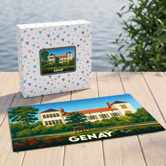 Puzzle souvenir de la ville de Genay avec une illustration stylisée d'un bâtiment historique.