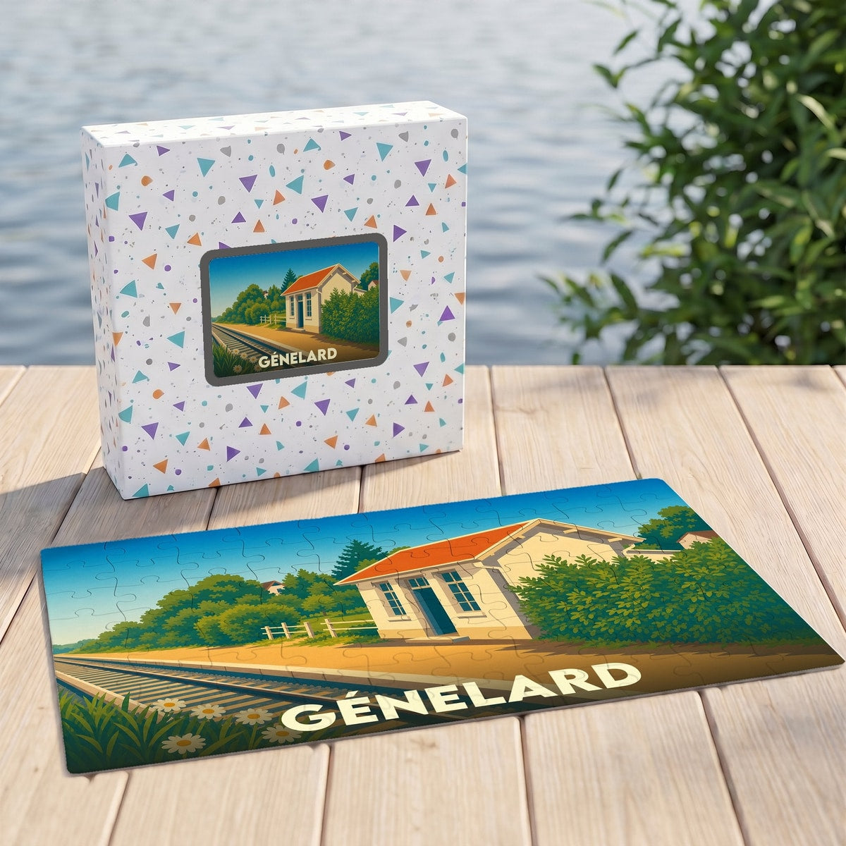 Puzzle souvenir de la ville de Génelard représentant une gare illustrée de façon stylisée.