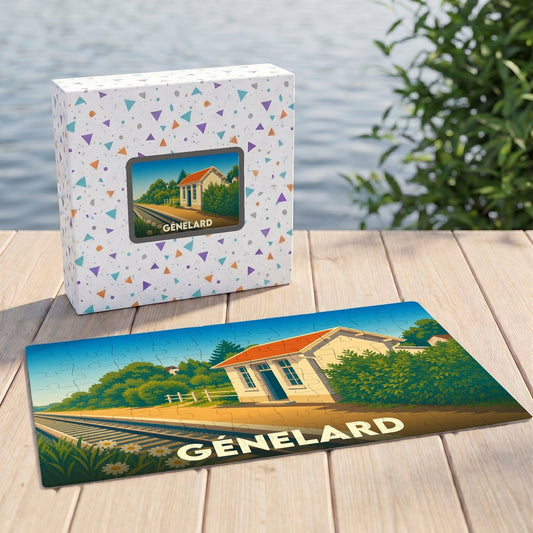 Puzzle souvenir de la ville de Génelard représentant une gare illustrée de façon stylisée.