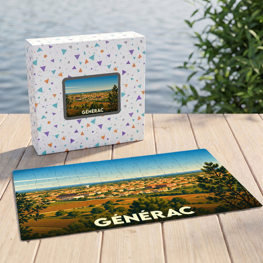 Puzzle souvenir de la ville de Générac avec une illustration panoramique stylisée.