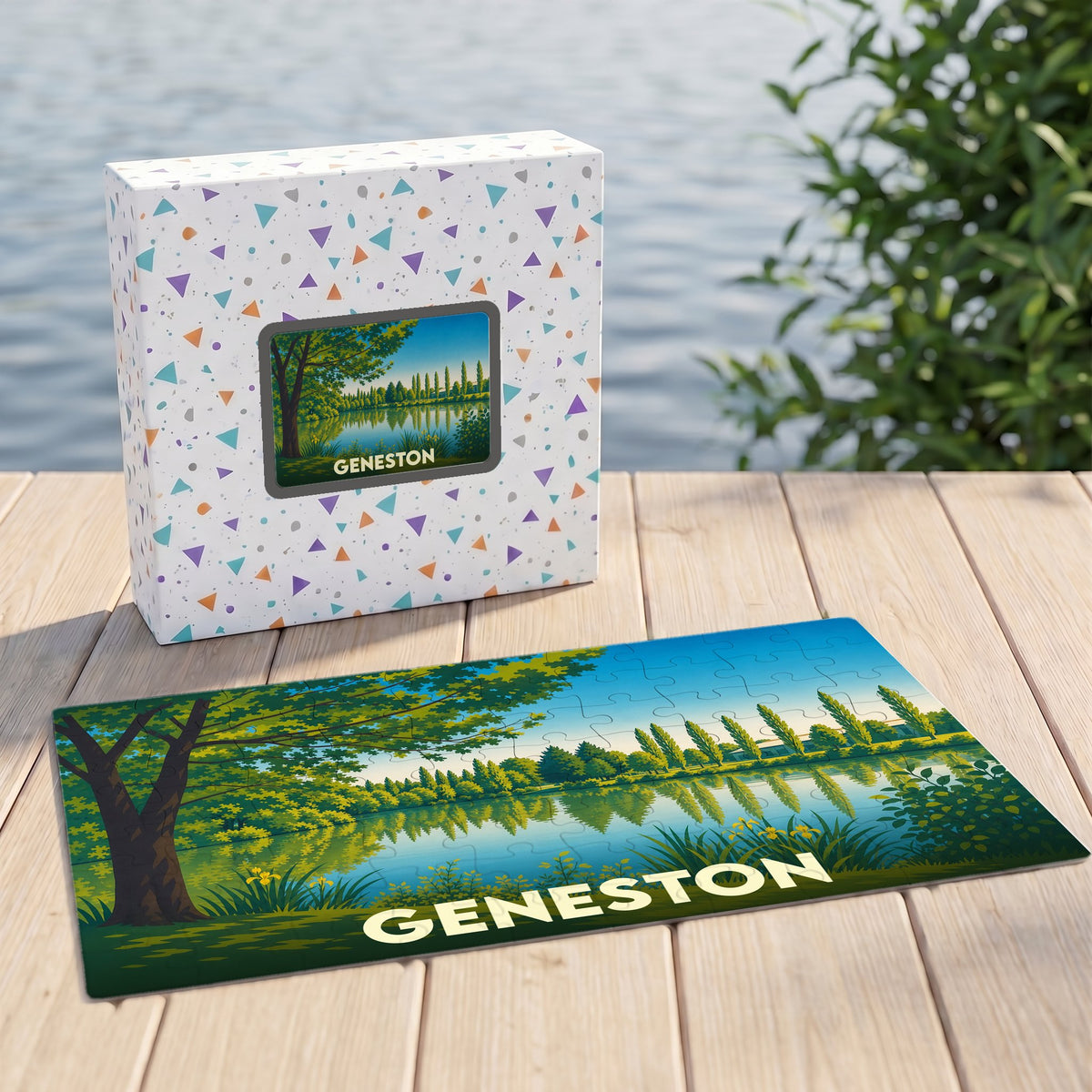 Puzzle souvenir de la ville de Geneston avec une illustration stylisée d'un paysage lacustre.