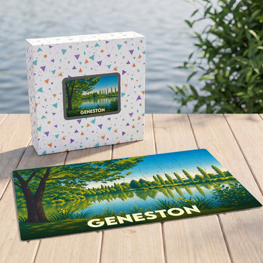 Puzzle souvenir de la ville de Geneston avec une illustration stylisée d'un paysage lacustre.