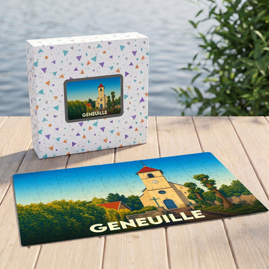 Puzzle souvenir de la ville de Geneuille avec une illustration stylisée de son église.