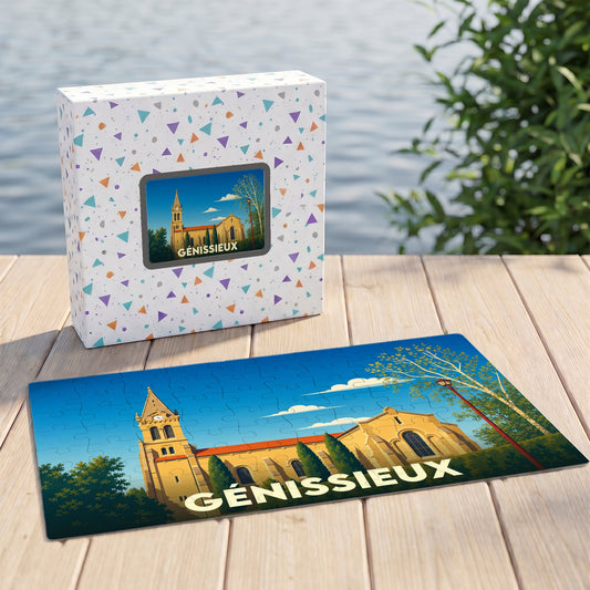 Puzzle souvenir de la ville de Génissieux avec une illustration stylisée d'une église locale.
