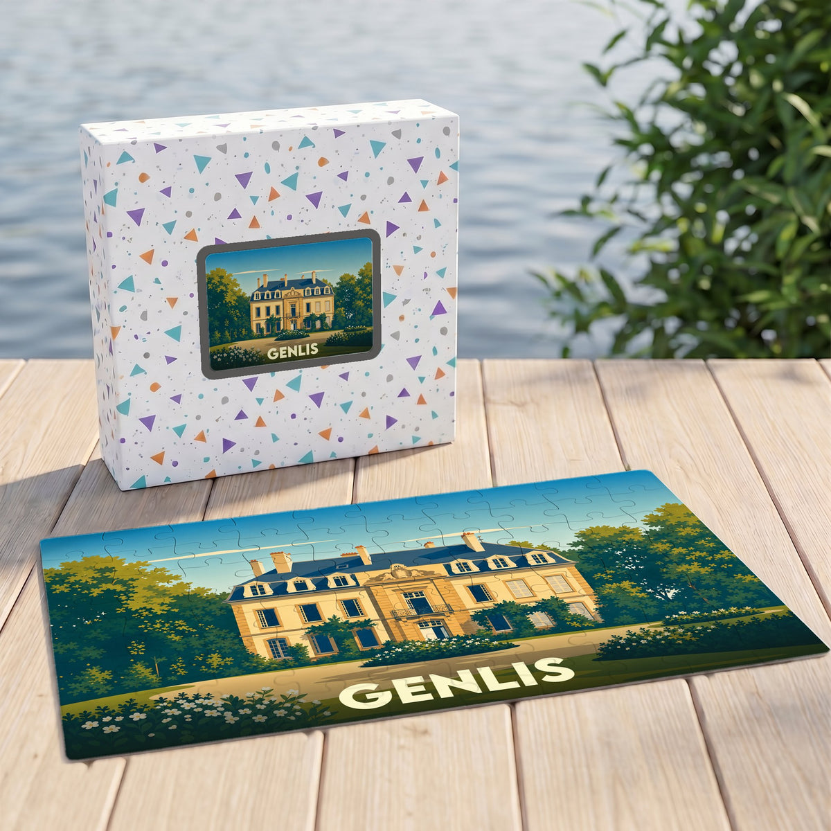 Puzzle souvenir de la ville de Genlis représentant une illustration stylisée d'un château.
