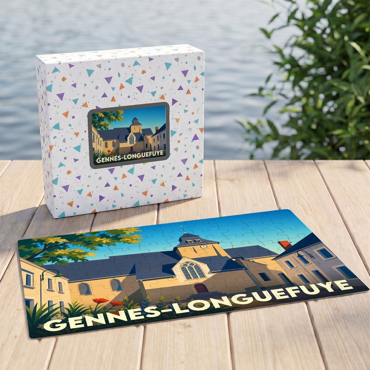 Puzzle souvenir de la ville de Gennes-Longuefuye avec son illustration stylisée et sa boîte assortie.